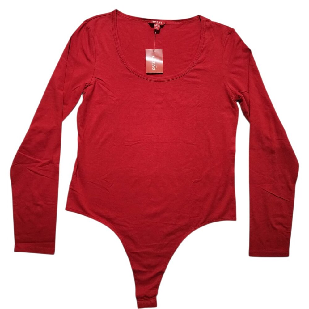 Guess Women's Long Sleeve Bodysuit - Stretch, Soft,‎ Versatile Tops Red Size XL